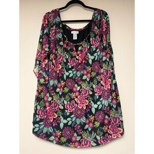 Catherines Plus Size 2X 22/24W Black‎ Floral Print Sheer Overlay Dress